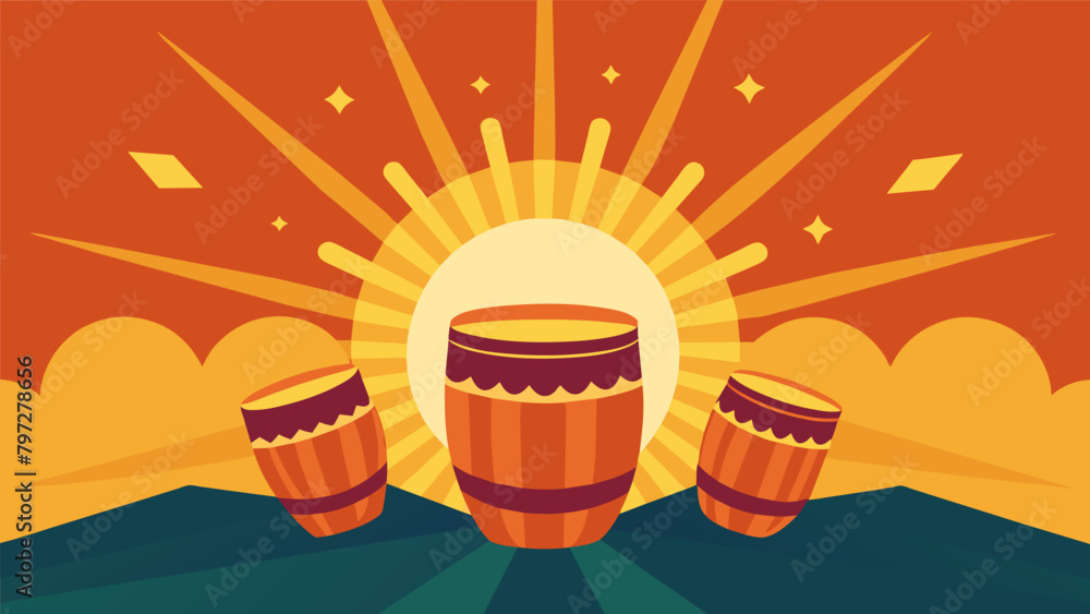 Poster as the sun sets the drumming intensifies symbolizing the power of light and unity to overcome darkne