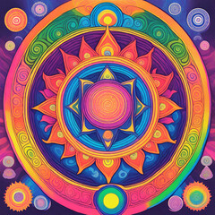 Psychedelic Rainbow Floral Flower Mandala Neon Illustration Drawing Yoga Meditation Boho Spiritual Symbol Wallpaper Background Download PDF 333 (4000 x 4000px)