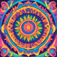 Psychedelic Rainbow Floral Flower Mandala Neon Illustration Drawing Yoga Meditation Boho Spiritual Symbol Wallpaper Background Download PDF 222 (4000 x 4000px)