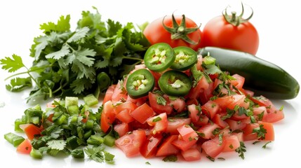 Freshly made Pico de Gallo displayed elegantly, showing off the vibrant colors of tomatoes, cilantro, and jalapenos, perfect for a healthy snack, studio lit, isolated background