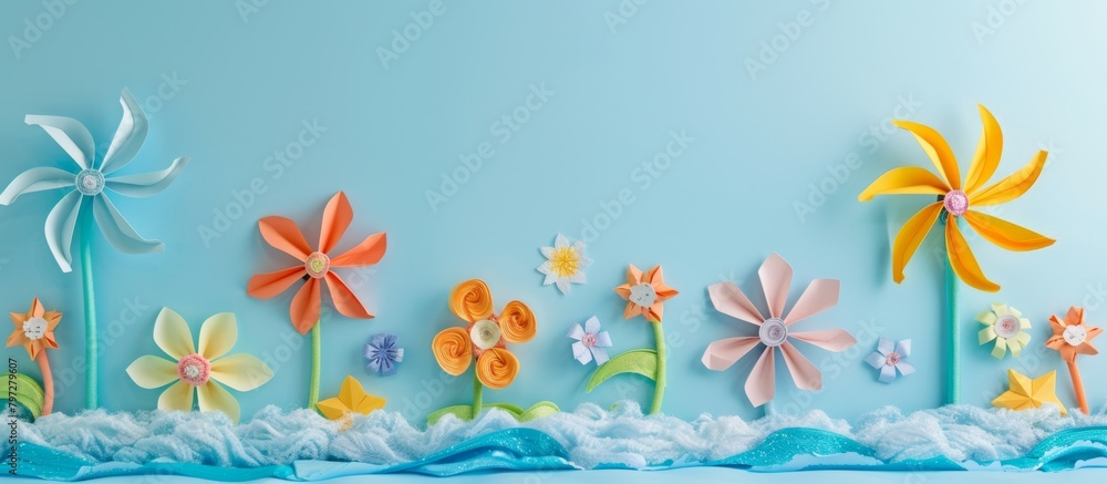 Poster detailed view of a textured wall adorned with artificial paper flowers and intricate wave patterns
