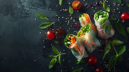 Freshly assembled spring rolls, emphasizing the natural colors of the vegetables, raw style studio photography