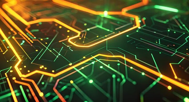 Electric circuit-inspired low poly design, with lines and polygons mimicking connectivity,