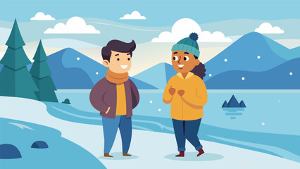 Two friends walking along a frozen river their rosy from the cold as they discuss their plans for the upcoming holiday season.. Vector illustration