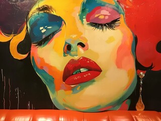 A painting of a woman's face with bright, contrasting colors.