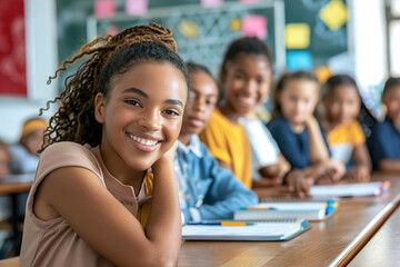 Education, scholarship and happy, proud children in middle school.