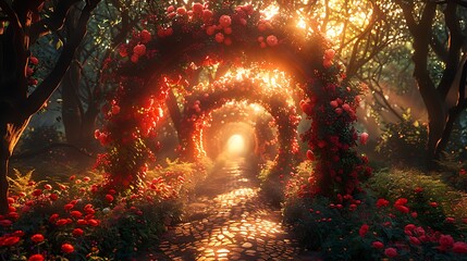 Illustrate a secluded corner of an impressionist garden, where sunlight filters through a dense floral archway - obrazy, fototapety, plakaty