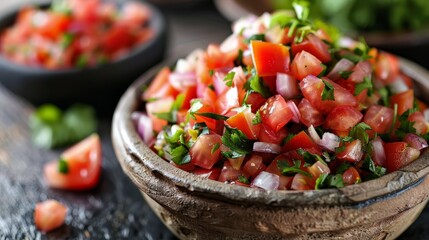 Detailed studio shot of fresh Pico de Gallo in a rustic bowl, emphasizing the fresh ingredients like ripe tomatoes and crisp onions, ideal as a taco topping, isolated background - obrazy, fototapety, plakaty