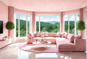Pink-walled living room with a bright window creating a soothing atmosphere, Serene space with pink walls and a sunlit window in the living room. , Cozy living room with pink walls and natural light.