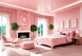 Serene pink bedroom featuring a fireplace, Cozy bedroom with pink walls and a fireplace, Serene pink bedroom featuring a fireplace.