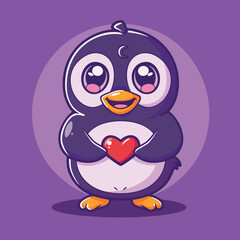 Cute penguin holding heart cartoon illustration