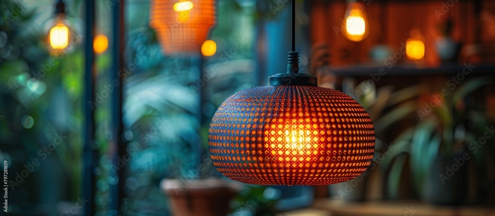 Poster an illuminated lamp with a modern design is suspended from the ceiling in a room, casting a warm glo