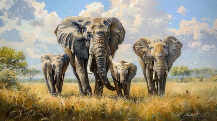 Capture the majestic essence of elephants in the wild through intricate oil painting technique, illustrating their family bond in lush savannah landscapes