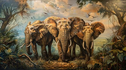 Capture the majestic essence of elephants in the wild through intricate oil painting technique, illustrating their family bond in lush savannah landscapes