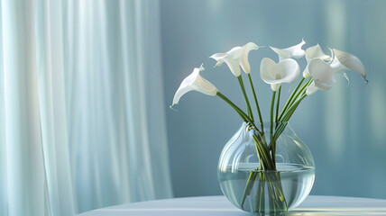 A translucent glass vase filled with elegant white calla lilies, radiating purity and grace.