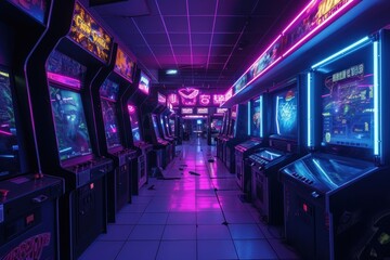 Neon game center nightlife architecture illuminated.