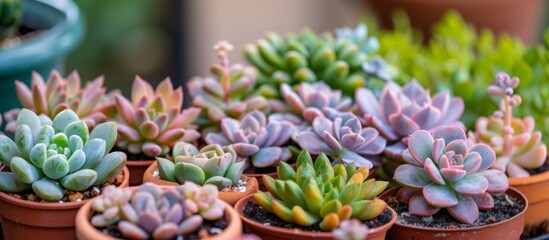 Assorted small pots holding various colored succulents beautifully arranged on a table