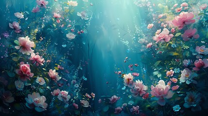 Illustrate an underwater floral scene as if flowers were submerged and swaying under water