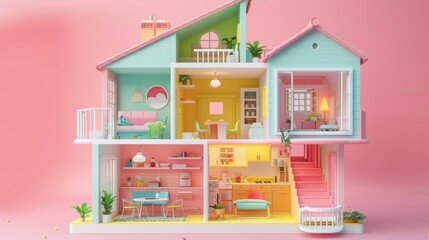 A cross-section of a colorful dollhouse painted in pastel colors with furniture and decorations.
