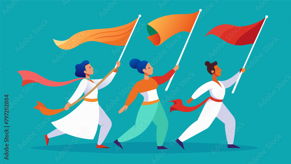 Poster whirling flags the color guard team spinning and tossing their flags with precision and grace adding