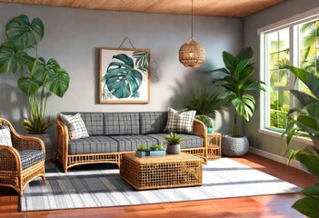 Cozy living room with wicker furniture and green plants, Inviting room décor with rattan furniture and potted greenery, Earthy vibes in a living space adorned with wicker furnishings and foliage. - obrazy, fototapety, plakaty