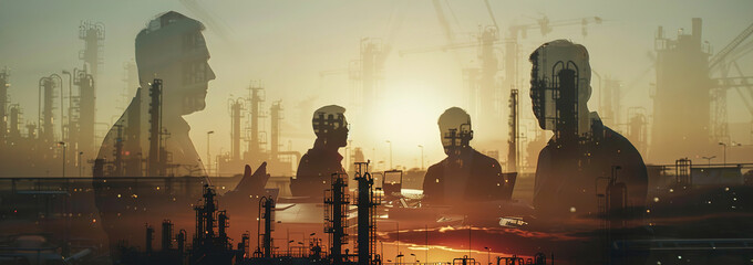 Multiple exposure shot of colleagues in a meeting superimposed over an industrial background.