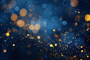 Fototapeta na wymiar Abstract background with dark blue and gold particles, golden Christmas light particles shine bokeh on a dark blue background, gold foil texture concept.