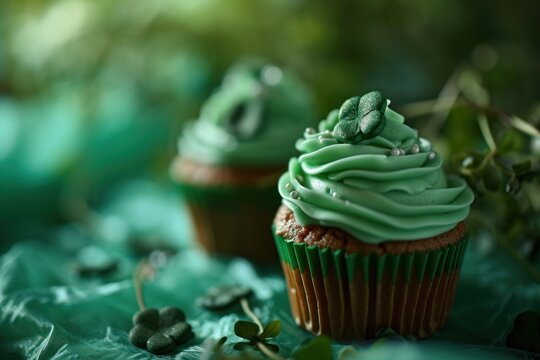 Delicious cupcakes with green frosting decorated with shamrocks