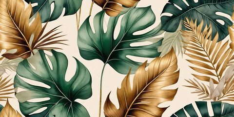 Vintage tropical green brown leaves, beige background, golden texture. Luxury mural, premium wallpaper. 3d painting illustration, watercolor design. Seamless border.