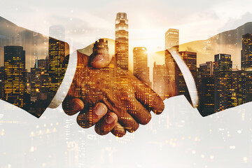 Multiple exposure shot of two businesspeople shaking hands superimposed on a cityscape.