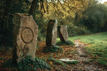 Ancient stone markers on a forest path in autumn