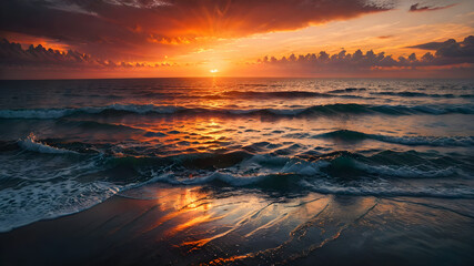 A Fiery Sunset Painting the Serenity of a Mirror-Like Ocean with Dissolving Skies