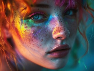 Vibrant Portrait of a Young Woman with Colorful Makeup