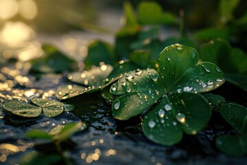 Fresh dew drops on vibrant green clover leaves