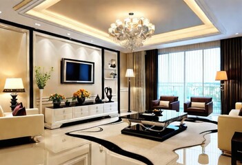 White furnishings and a gorgeous chandelier in a cozy living space, Minimalist white living room featuring a stylish chandelier, Elegant living room with white furniture and chandelier.