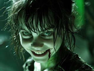 Creepy child with a sinister smile in the dark