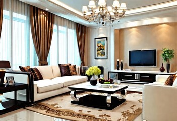 Beige-themed living room with luxurious chandelier as focal point, Cozy living room featuring beige furniture and a stylish chandelier overhead, Elegant living room with soft beige furnishings.