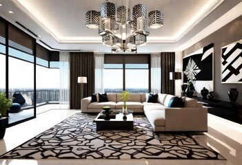 Monochromatic design elements in a trendy living room space, Sleek black and white décor in contemporary living space, Modern living room with monochrome furniture.