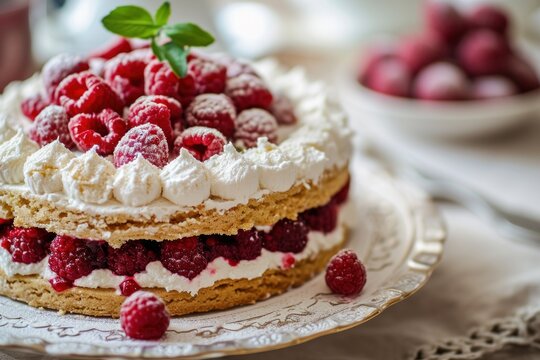 Delicious raspberry cream cake on a decorative plate
