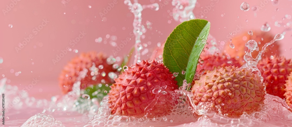 Poster assorted fruits featuring water splashes on them captured in a close-up view
