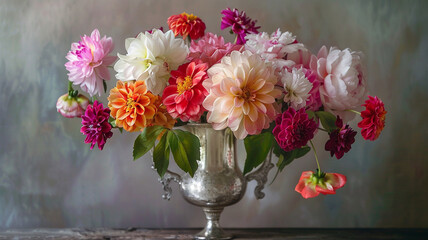 A vintage-inspired mercury glass vase holding a mix of dahlias and peonies, exuding timeless elegance.