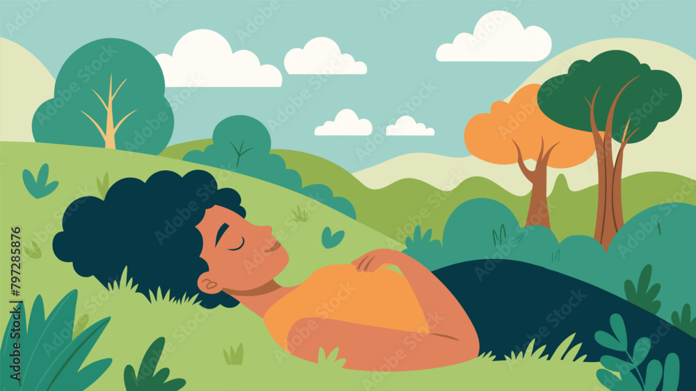 Poster a person lays in a field of soft grass closing their eyes and listening to the calming whispers of t
