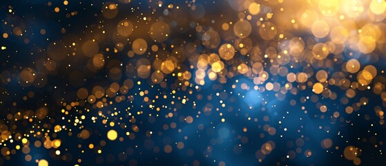 Abstract background with dark blue and gold particles, golden Christmas light particles shine bokeh on a dark blue background, gold foil texture concept.