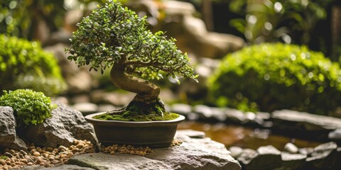 Bonsai tree in a tranquil garden setting