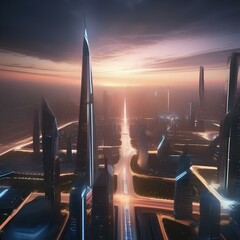 A futuristic city skyline pulsating with light and energy, as if alive with motion and vitality, creating a sense of excitement and dynamism4 - obrazy, fototapety, plakaty