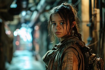Fototapeta premium Young girl with a determined look in a dystopian setting