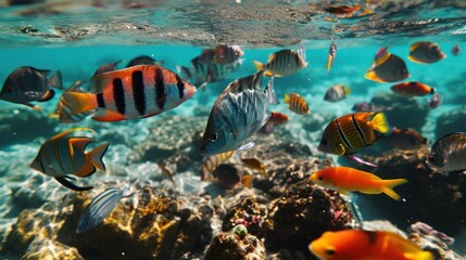 Fototapeta na wymiar Colorful tropical fish swimming around a coral reef