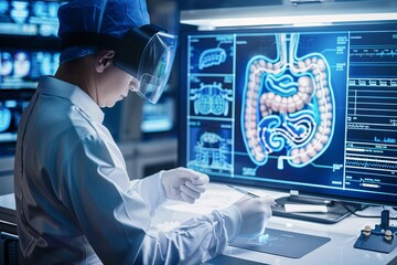 A futuristic engineer designing a probiotics delivery system for optimal gut health, abstract  , background