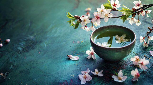 Tranquil tea setting with cherry blossoms