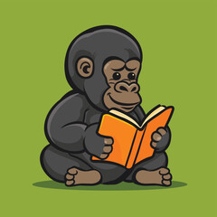 Cute gorilla reading book simple flat vector illustration